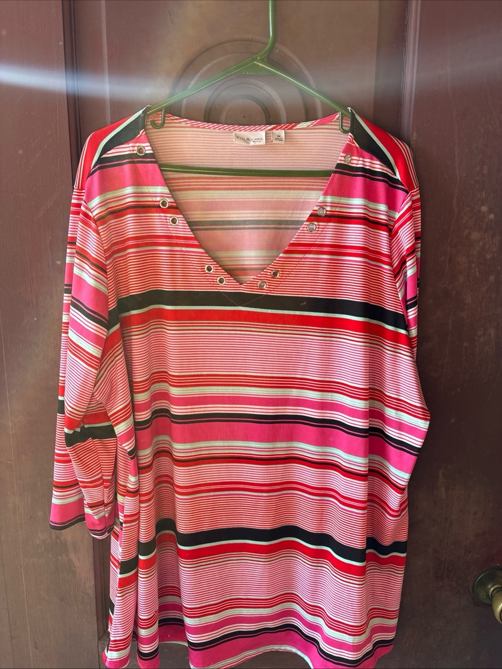 Kim Rogers Pink and Black Striped V-Neck Tunic with Grommets